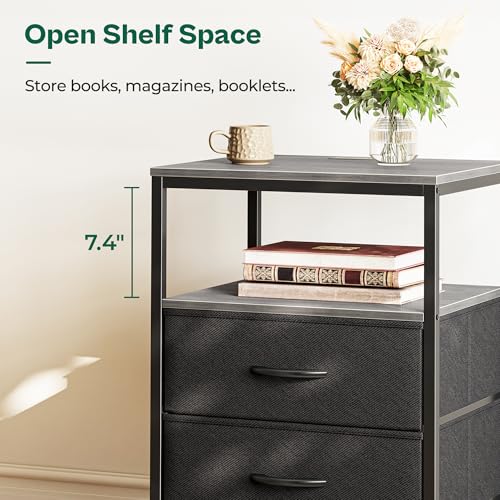 Huuger Night Stand with Charger Station, 27.7 Inch Tall Nightstand, Bed Side Table with 2 Fabric Drawers, Fabric Drawer Dresser for Bedroom, Living Room, Grey - color: Charcoal Gray and Black, size: 11.8"d X 17.7"w X 27.7"h (2 Drawers)