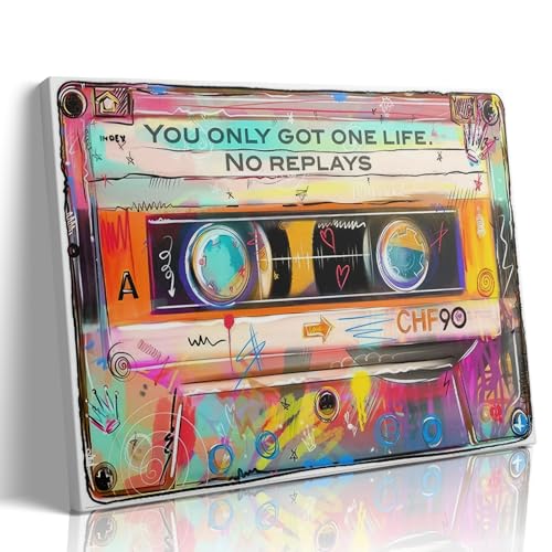 RetroTape Graffiti Motivational Wall Art Graffiti Music Cassette Wall Decor hip hop Inspirational Paintings You Only Got One Life Canvas Print Street Nostalgia Posters Picture for Teen Bedroom 16X12in - size: 16"L x 12"W
