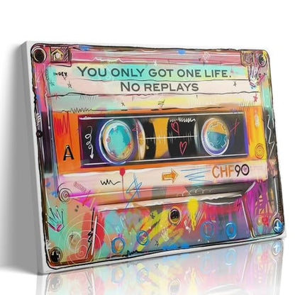 RetroTape Graffiti Motivational Wall Art Graffiti Music Cassette Wall Decor hip hop Inspirational Paintings You Only Got One Life Canvas Print Street Aesthetic Posters Picture for Teen Bedroom 24X16in - size: 24"L x 16"W