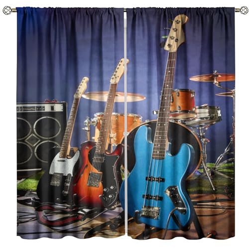 Music Themed Guitar Curtain, Rock Music Drum Kit Musical Instruments Print Window Drapes for Bedroom Living Room 42" W X 45" L(No Blackout) - color: Music-8, size: 20.5"W x 45"L (Pack of 2)