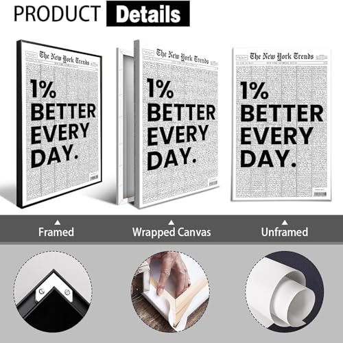 Black Framed Retro Black And White New York Newspaper Canvas Posters 1% Better Every Day Wall Art Positive Affirmations Quote Prints Painting For Living Room Bedroom Wall Decor 16x24in - color: Multi 03, size: 16"L x 24"W, style: Black Framed