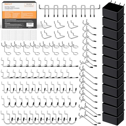 INCLY 170PCS 1/4 Inch Pegboard Hooks Kit, Extra Thick Heavy Duty Peg Board Organizer Accessories Assortment with Pegboard Bins & Peg Lock for Only 1/4" Pegboard Hanging Tools Garage Wall Attachment - size: 170PCS