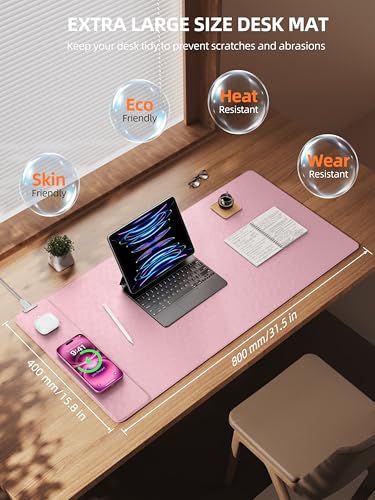 TopMade Mouse Pad with 15W Wireless Charging, XXL Large Leather Desk Mat, Waterproof Gaming Mousepad Home Office Desk Pad Protector, Computer Keyboard Pad, Mouse Mat for MacBook, PC, Laptop, Pink - color: Pink