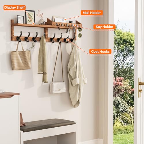 Evermagin 35" Coat Rack Wall Mount with Shelf, 4 in 1 Wall Mounted Coat and Key Hanger with 13 Hooks, Entryway Key Holder with Mail Holder for Living Room, Bedroom - color: Brown, size: 35 inch