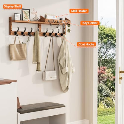Evermagin 35" Coat Rack Wall Mount with Shelf, 4 in 1 Wall Mounted Coat and Key Hanger with 13 Hooks, Entryway Key Holder with Mail Holder for Living Room, Bedroom - color: Brown, size: 35 inch