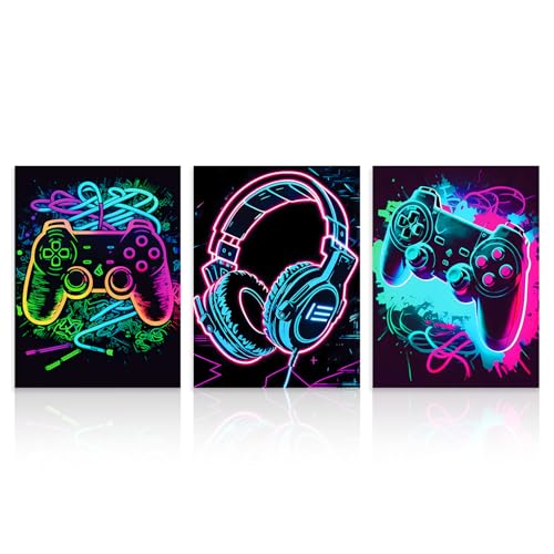 Dazzlewall 3Pcs Retro Neon Gaming Wall Art Gamer Posters | Controller & Headphone Prints, Cyberpunk Neon Style, Game Room Decor - color: Glowing Gamer Set, size: 12x16 in