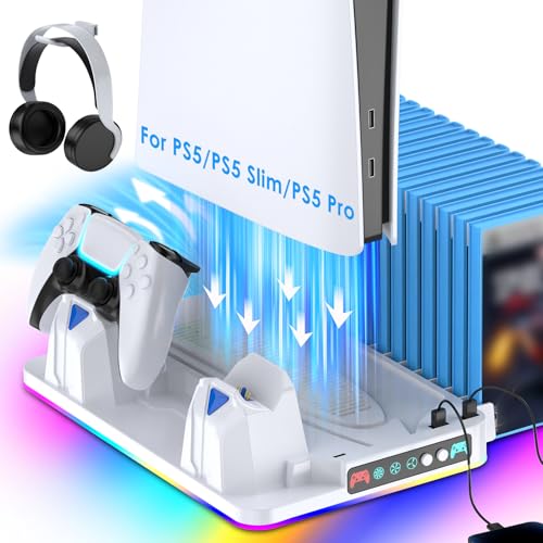 PS5/Slim/Pro Stand and Cooling Station with Dual Controller Charging Station for PlayStation 5 Console Disc & Digital, PS5 Controller Charger and Cooling Fan with Game Storage, Headset Holder