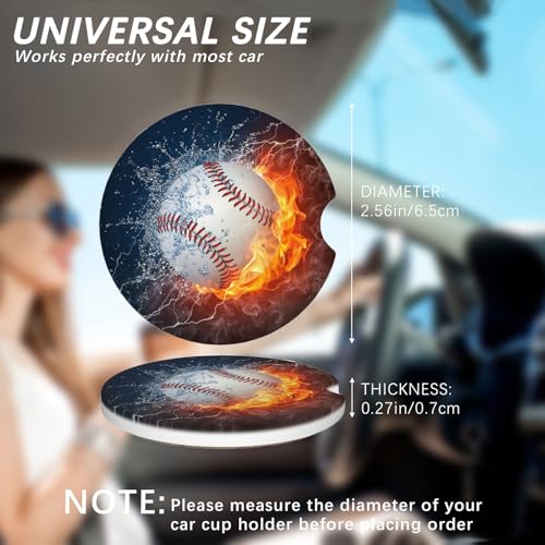 2 Pack Car Cup Holder Baseball Coasters Absorbent Ceramic Coaster for Cup Holders Fashion Car Interior Accessories for Men Drink Coaster for Women - color: Baseball Water and Fire