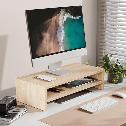 FITUEYES Monitor Stand - 2 Tier Computer Monitor Riser with 21.3 Inch Shelf, Wood Desktop Stand for Laptop Computer Screen, Desk Organization, Office Supplies - color: Oak, size: 21.3“