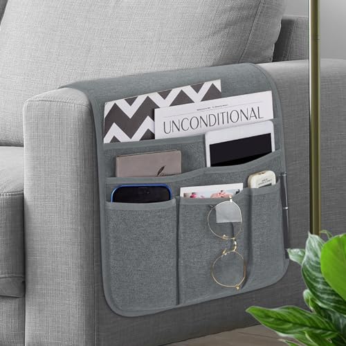 Teniux Remote Control Holder Armchair Caddy for Recliner Couch, Non-Slip Armrest Organizer with 5 Pockets for Magazine, Tablet, Phone, iPad (Silver Grey) - color: Color E- Silver Gray