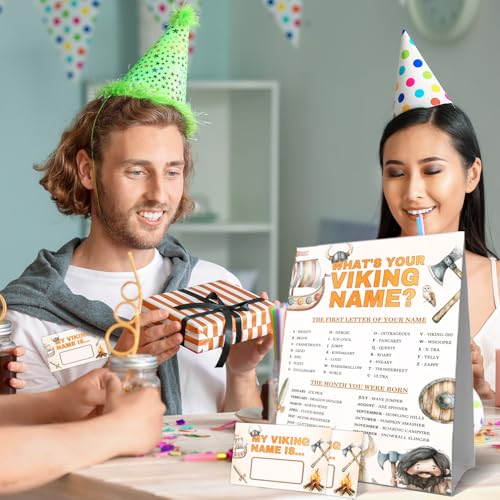 What's Your Viking Name Party Activity Cards, Viking Birthday Party Decor, Medieval Name Card Set with 1 Viking Name Sign and 30 Name Stickers, Party Table Decoration - style: Cow