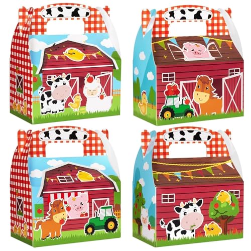 WERNNSAI 12 Pcs Farm Party Favor Boxes Gift Box for Barnyard Party Decor | Red Barnyard Tractor Horse Cow Theme, Double-sided Design Styles, Vibrant Printing Quality, Sturdy and Easy to Assemble - color: Farm Animal