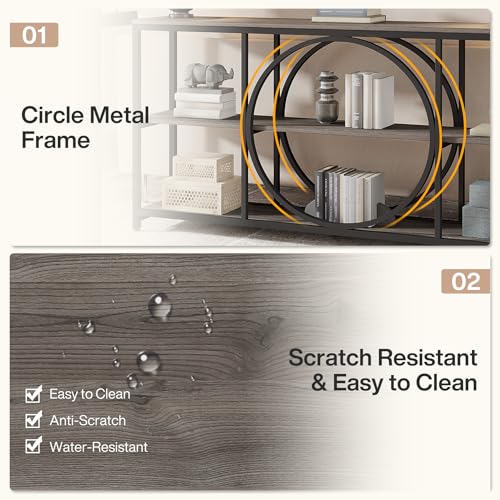 Tribesigns 70.9 inch Sofa Console Table, Extra Long Narrow Entryway Tables with 3 Tier Wood Storage Shelves Metal Frame for Foyer Hallway Living Room Behind Couch, Black Rustic Gray - color: Black Grey
