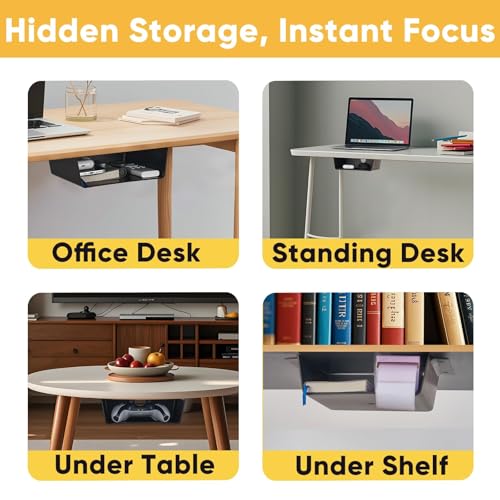 2 Pack Under Desk Hanging Shelf Drawer Organizer, Attachable Plastic Hidden Storage Tray, Easy Adhesive Mount Holder for Standing Tables, Office, Counters, Cabinets, Workstations - Black - color: Matte Black, size: 2 Pack Large