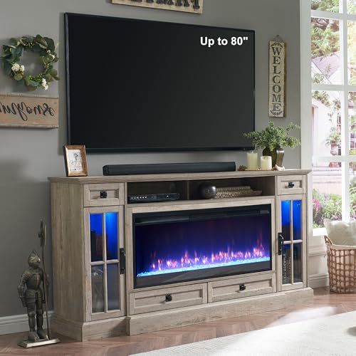 RedLemon Farmhouse Fireplace TV Stand for 80 Inch TV, 36" Tall Entertainment Center with 42" Crystal Eletric Fireplace, Modern Media Console Table with LED Lights for Living Room, Light Rustic Oak - color: Light Rustic Oak