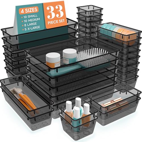 StorMiracle 33 PCS Clear Plastic Drawer Organizers Set, 4 Size Desk Drawer Organizer Trays for Makeup, Jewelry, Kitchen Utensils, Gadgets and Office Accessories, Black - color: Black, size: 33 PCS