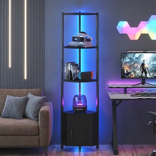 Corner Shelf with Storage, LED Lights 6-Tier Corner Bookshelf, 66'' Organizer Book Shelf Shelves Steel Frame Display Stand with Living Room, Bedroom, Study, Black - color: Dark Black