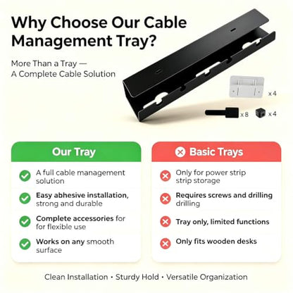 Ovanmexis Under Desk Cable Management Tray, 2-Pack, Black | Quick-Release Mount, Snap-On Tool-Free, Includes Magnetic Cable Clips & Straps, No Drill Hidden Base - color: Black