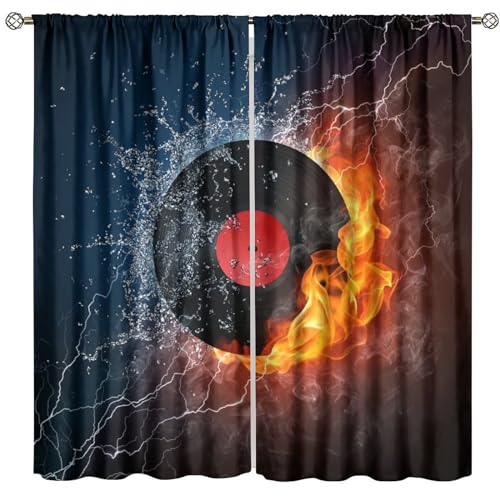 Music Record Blackout Window Curtains, Fire Water Personality Record Flame Music Decoration Background Modern Curtain for Bedroom Living Room 42" W X 45" L - color: Music-7, size: 21"W x 45"L (Pack of 2)
