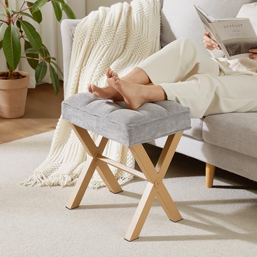 Royal Windsor Vanity Stool,Square Ottoman Stool Foot Rest,Upholstered Vanity Chair Foot Stool with Metal X Legs, Small Vanity Seat for Entryway,Bedroom and Living Room,Light Grey+Yellow - color: 12.6"d Light Grey+yellow