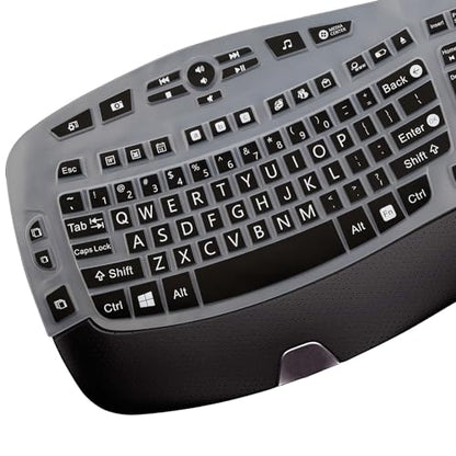 MUBUY-GOL Large Print Keyboard Cover for Logitech K350 Wireless Wave Keyboard, MK570, MK550; Black Silicone; Water Resistant, Dust Proof, Washable - color: black color