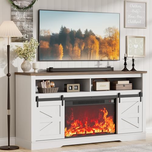 JUMMICO Fireplace TV Stand for 65+ Inch TV with 26'' Fireplace Entertainment Center with Storage Cabinet and Adjustable Shelves Media Console with Sliding Barn Door for Living Room (Bright White) - color: Bright White, size: 58 Inch Fireplace TV Stand