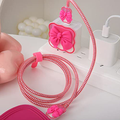 Compatible with iPhone 18W/20W USB-C Charger Cover Cute 3D Bow Tie Design Clear Soft Charger Protector Kawaii Cable Saver for iPhone 11 12 13 14 Pro Max Fast Power Adapter, Rose 2 (5in1) - color: Rose 2 (5 in 1)