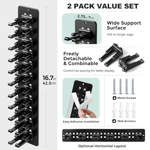 2 Pack Hat Organizer for Baseball Caps,Detachable DIY Hat Rack for Wall Hold Up to 22 Hats,Baseball Cap Organizer Cap Holder Hat Hangers for Wall Closet Door Bedroom (1A-Black) - color: Black