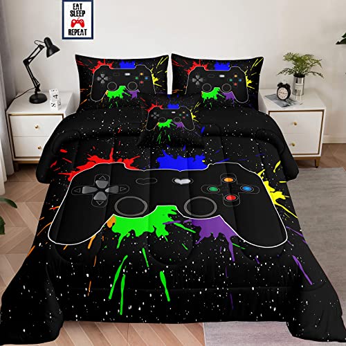 lris Bedding Boys Gamer Comforter Sets Twin Size for Kids Bedding,5 Piece Bed in a Bag Gaming Bedding Set,Boys Game Console Pattern Bed Set with Flat Sheet,Fitted Sheet,Cushion Cover,Pillowcases - color: A01 Black, size: Twin