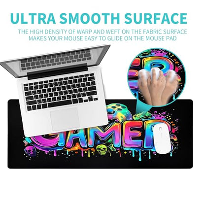 Gamer Mouse Pad Abstract Black Mouse Pad 31.5x11.8 Inch Aesthetic Skull Texture Non-Slip Rubber Base Large Mousepad Stitched Edges Keyboard Mouse Mat Desk Pad for Office and Home - color: Gamer