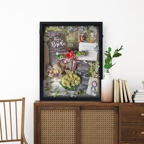 GraduationMall 16x20 Wood Shadow Box Frame Glass Door Display Case with Linen Back and 6 Stick Pins,1.5 inches Interior Depth,Ideal for Memorabilia Pictures Flowers Medals Tickets Rustic Black - color: Rustic Black, size: 16x20