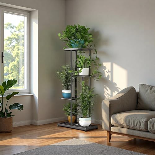 LINZINAR Plant Stand Indoor Outdoor Corner 4 Tier Metal Plant Shelf Patio Plant Rack for Garden Corner Balcony Living Room - color: Dark Grey, size: 4 Tier-5 Potted