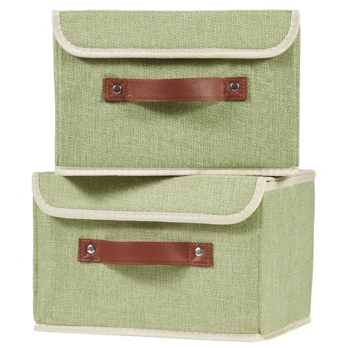 2PCS Storage Boxes with Lid Cotton Linen Fabric Storage Bins Organizer Container Decorative Collapsible Washable Shelf Closet Baskets Faux Leather Handles Home Bedroom (Green, Small Size) - color: Green, size: Small (Set of 2)