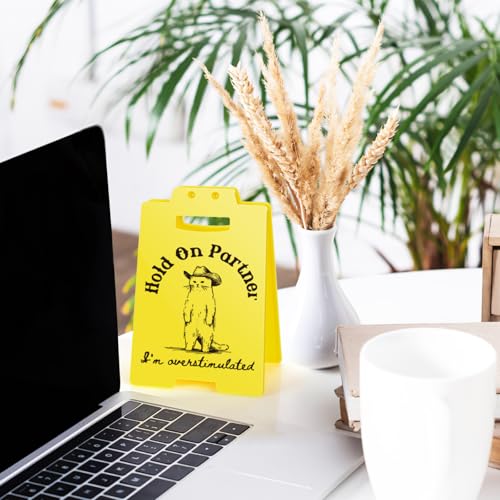 Funny Cowboy Cat Meme Desk Sign "Hold On Partner I'm Overstimulated" - Hilarious Office Decor, Sarcastic Gag Gifts for Coworkers, Introverts, Women, Men - Funny Cubicle Accessories - style: Cowboy Cat