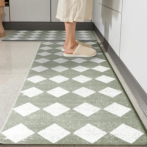 Sage Green Moroccan Trellis Checkered Kitchen Rug Sets [2 PCs], Anti-Fatigue, Waterproof Non-Slip Kitchen Mats Heavy Duty Ergonomic Comfort Foam Rug for Floor, Home, Laundry,17"x29"+17"x47" - color: Trellis-sage, size: 17.3"x29"+17.3"x47"-0.4"H
