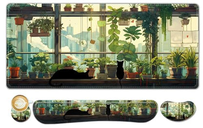 ToLuLu Extended Gaming Mouse Pad, Memory Foam Ergonomic Keyboard Mouse Wrist Rest Support Set, Large Desk Mat with Stitched Edges, Non-Slip Base Mousepad Home Office, Cute Green Japanese Kawaii Cat - color: Cute Green Japanese Kawaii Cat