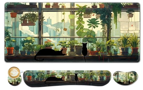 ToLuLu Extended Gaming Mouse Pad, Memory Foam Ergonomic Keyboard Mouse Wrist Rest Support Set, Large Desk Mat with Stitched Edges, Non-Slip Base Mousepad Home Office, Cute Green Japanese Kawaii Cat - color: Cute Green Japanese Kawaii Cat