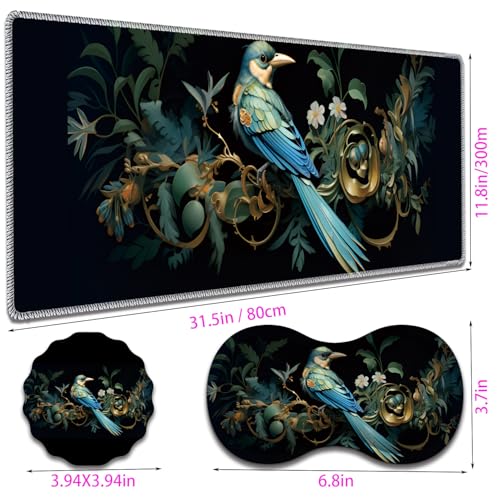 Large Gaming Mouse Pad + Mouse Wrist Rest Pad + Coaster Combination, 31.5 "x 11.8" Durable Non-Slip Extension Table Mat, Suitable for Office and Home, Bird Leaf - color: Bird Leaf