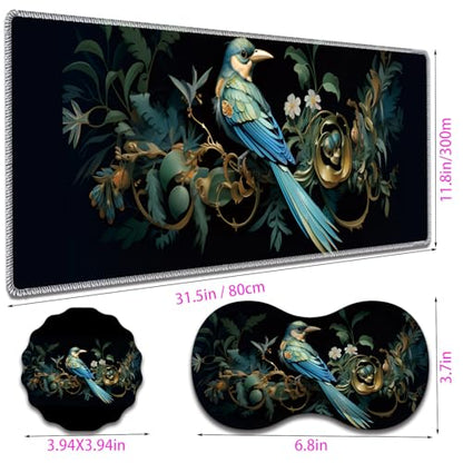 Large Gaming Mouse Pad + Mouse Wrist Rest Pad + Coaster Combination, 31.5 "x 11.8" Durable Non-Slip Extension Table Mat, Suitable for Office and Home, Bird Leaf - color: Bird Leaf
