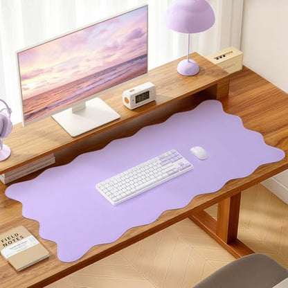 PU Leather Desk Pad, Scalloped Non-Slip Mouse Pad & Large Desk Mat Cover Stitched Edges Writing Pad for Office, Home - Waterproof, Easy to Clean, Durable Surface I 31.4"x15.7", Purple - color: Purple
