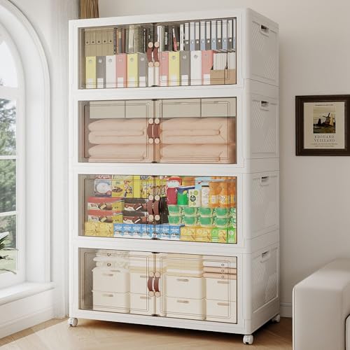 1136QT Extra Large Stackable Storage Bins with Lids & Wheels & Door, 284Gal Foldable Collapsible Closet Organizers, Plastic containers drawers for bedroom Dorm - color: White