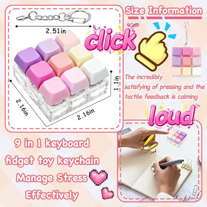 Keyboard Fidget Toy, Keyboard Keychain Fidget Toys, 9-in-1 Clicker Fidget Toy, Stress Relief Desk Decompression Button, Anxiety Relief Valentine's Day Gifts (9 Color-Purple Pink Rose) - color: 9 Color-purple Pink Rose