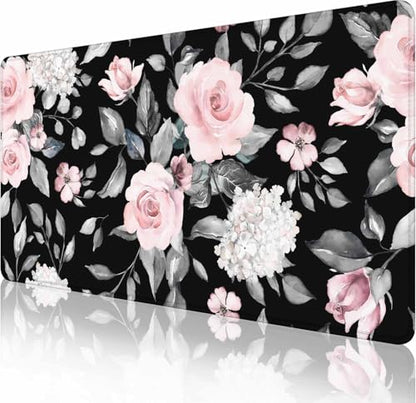 Large Extended Gaming Mouse Pad, Large Non-Slip Rubber Base Mousepad, Keyboard Mouse Mat, Desk Pad with Stitched Edges, 31.5x15.7inch Flowers and Leaves - color: Flowers and Leaves, size: 31.5L x 15.7W inches