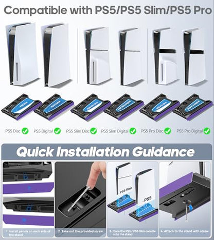 Rysker P-5/Slim/Pro Stand and Cooling Station with LED Controller Charging Station, P-5 Controller Charger, P-5/Slim/Pro Accessories Kit with 3 Level Cooling Fan for PlayStation 5 Case - color: Galactic Purple