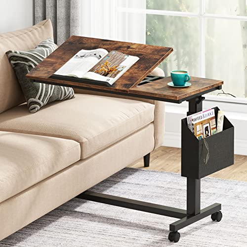 Tribesigns Height Adjustable C Shaped End Table with Wheels and Side Pocket, Mobile Sofa Snack Table with Tiltable Drawing Board, Laptop Side Tray Table for Couch Bed (Rustic Brown) - color: Rustic Brown