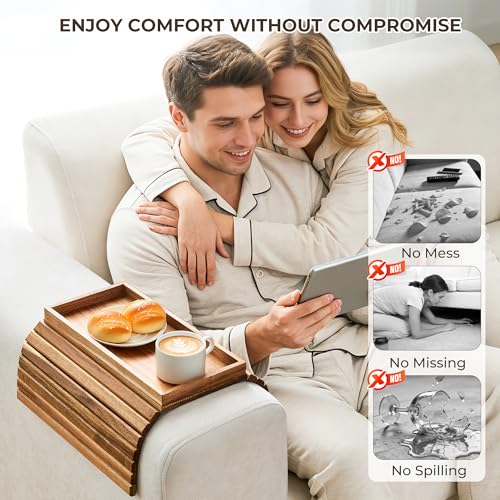 LOVYANXUE Acacia Wood Sofa Arm Tray, Foldable Couch Armrest Table with Anti-Slip Pad, Couch Arm Tray & Cup Holder for Drinks, Coffee, Snacks, Phone, Remote Control - color: Acacia Wood, size: Large (without Phone Holder)