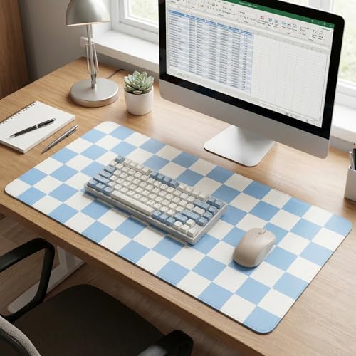 Large Desk Mat 31.5x15.7 Inch, Checkered Computer Mouse Pad Keyboard Mat, Non-Slip Office Desk Pad, Waterproof Rubber Desk Mat for Home Office Decor (Blue) - color: Blue