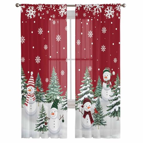 Christmas Red Sheer Curtains 72 Inch Length 2 Panels Set for Living Room/Bedroom, Snowman Standing in Winter Semi Curtain Sheers Drapes White Snowflake Rod Pocket Curtains Window Treatment Set 52x72x2 - color: Christmas, size: 52"W x 72"L (Pack of 2)