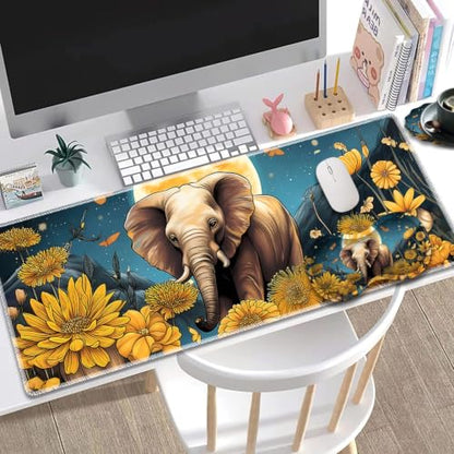 Large Gaming Mouse Pad + Wrist Rest+ Coaster Combo, 31.5 "x 11.8" Durable Non-Slip Extension Table Mat, Suitable for Office and Home, Flower Field Baby Elephant - color: Flower Field Baby Elephant