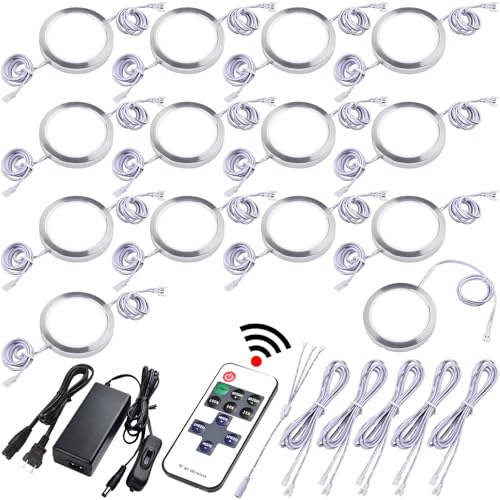Under Cabinet Lighting Kit, Curio Display Case Lighting, Dimmable Wireless RF Remote Control, Linkable Wired LED Puck Lights, AC120V to DC12V, Hardwired or Wall Plug, Daylight, 14 Lights - color: 14 Lights, Daylight